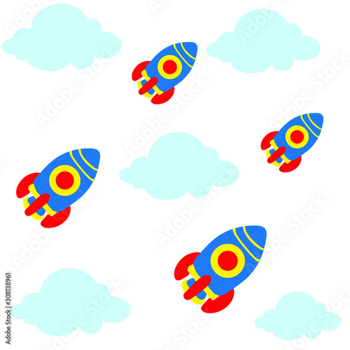Rocket launch in the sky flying over clouds. Space ship in smoke clouds. Детские обои. Start up template. Horizontal background. Simple modern cartoon design. Flat style vector illustration