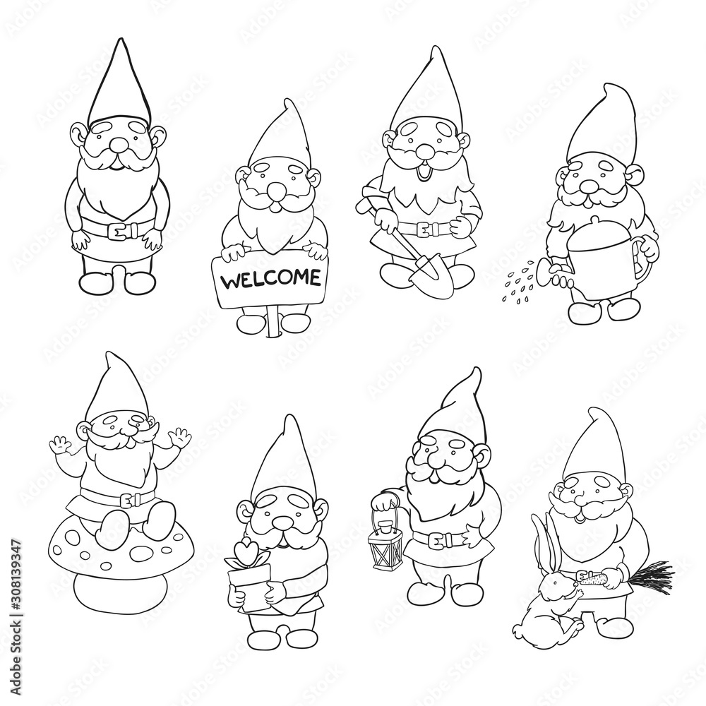 Vector outline collection illustrations of garden gnome. Set of cute ...