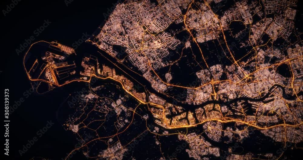 Aerial night view of city of Rotterdam Netherlans. Traffic and street light glowing. Camera flying high above, moving slowly forward from space filming cinematic straight down. 3d animation rendering.