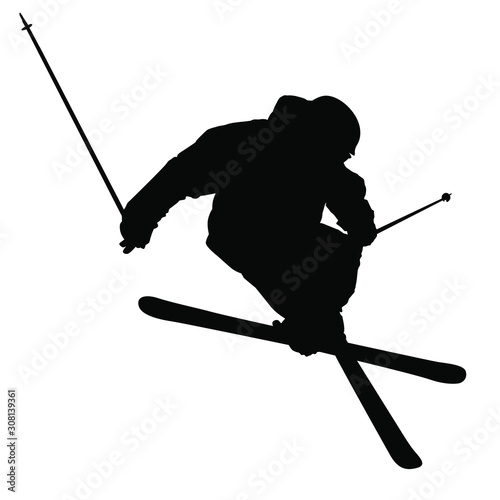 Vector silhouette of an extreme snow skier jumping.