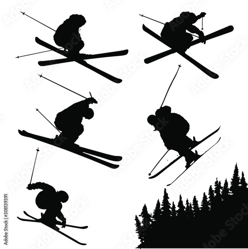 Vector silhouettes of extreme snow skiing. 