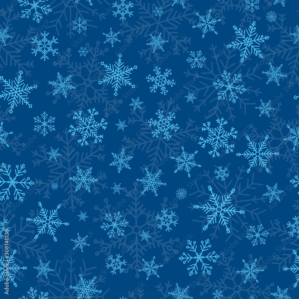 Vector Merry Christmas seamless pattern. Winter background with snowflakes in different shapes. Many cold flake elements on modern classic blue background, Xmas concept. Snow flakes illustration. Vector Merry Christmas seamless pattern. Winter background with snowflakes in different shapes. Many cold flake elements on modern classic blue background, Xmas concept. Snow flakes illustration.