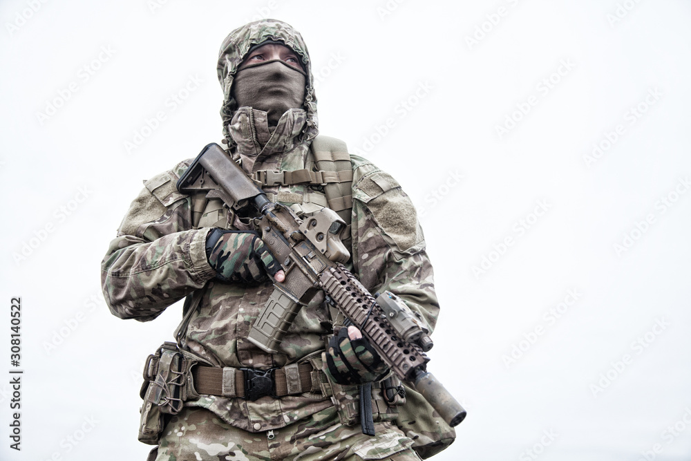 Portrait of modern army infantryman on march Portrait of modern army infantryman on march