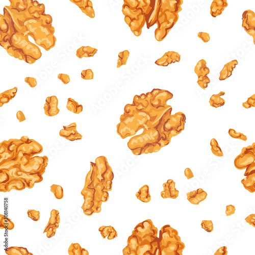 Vector colorful seamless pattern with illustrations of walnut kernels isolated on white background. Can be used for wallpaper, pattern fills, web page, surface textures, textile print, wrapping paper