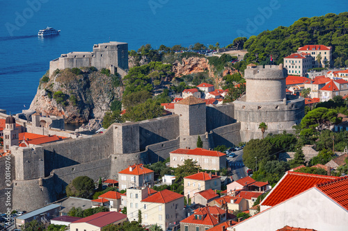 Aerial view of Old city walls, Minceta Tower and Fort Lovrijenac or St Lawrence Fortress, Dubrovnik, Croatia
