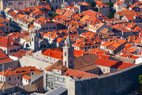 Aerial view of Old city walls and red roofs of Old Town, Dubrovnik, Croatia