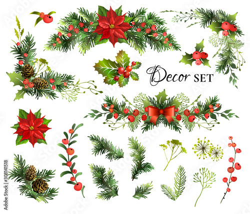 Big set with Christmas decor elements for your design. Garland fective set. Vector illustration.