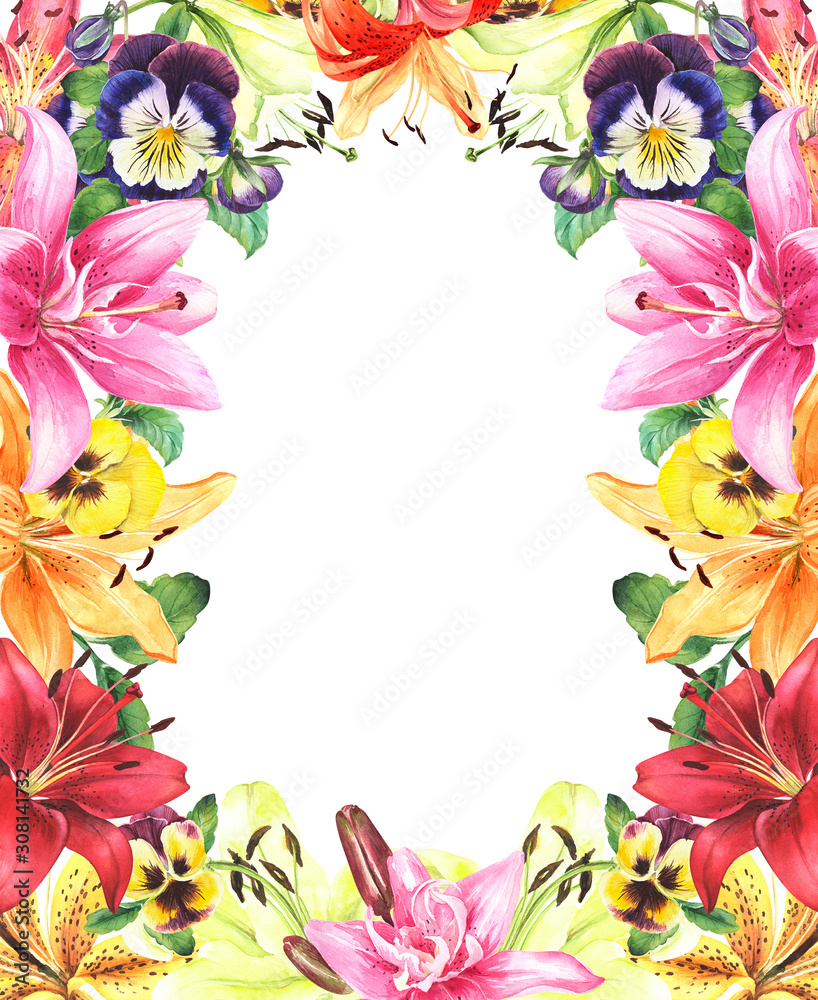 Obraz premium Floral frame with pansies, lilies on isolated white background. Greeting card, postcard, invitation. Stock illustration.
