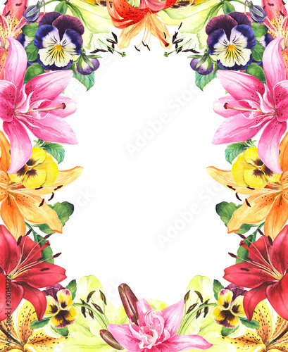 Floral frame with pansies, lilies on isolated white background. Greeting card, postcard, invitation. Stock illustration.