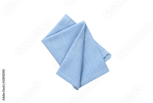 Top view, Cyan or blue cotton napkin isolated on white background.