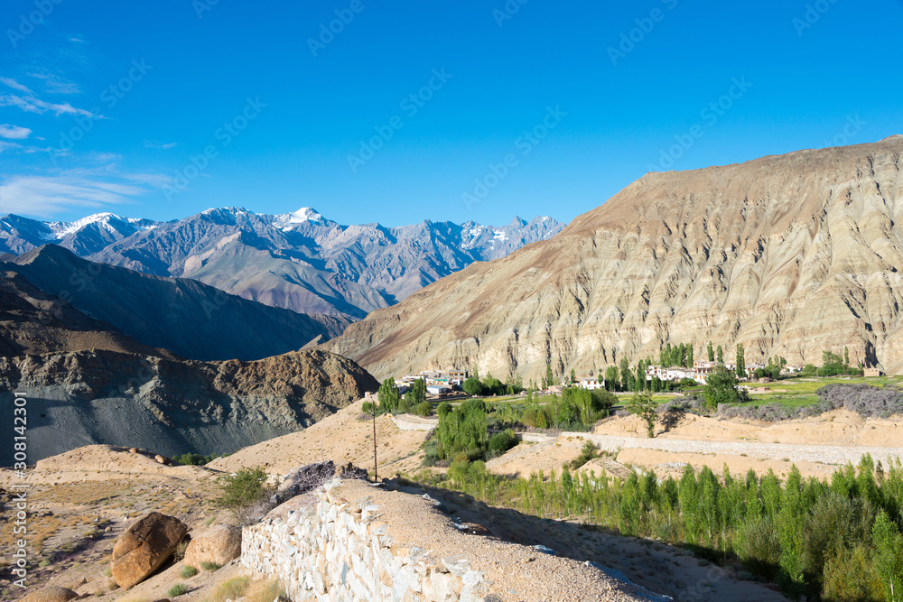 Ladakh, India - Aug 22 2019 - Beautiful scenic view from Between Yangtang and Hemis Shukpachan in Sham Valley, Ladakh, Jammu and Kashmir, India.