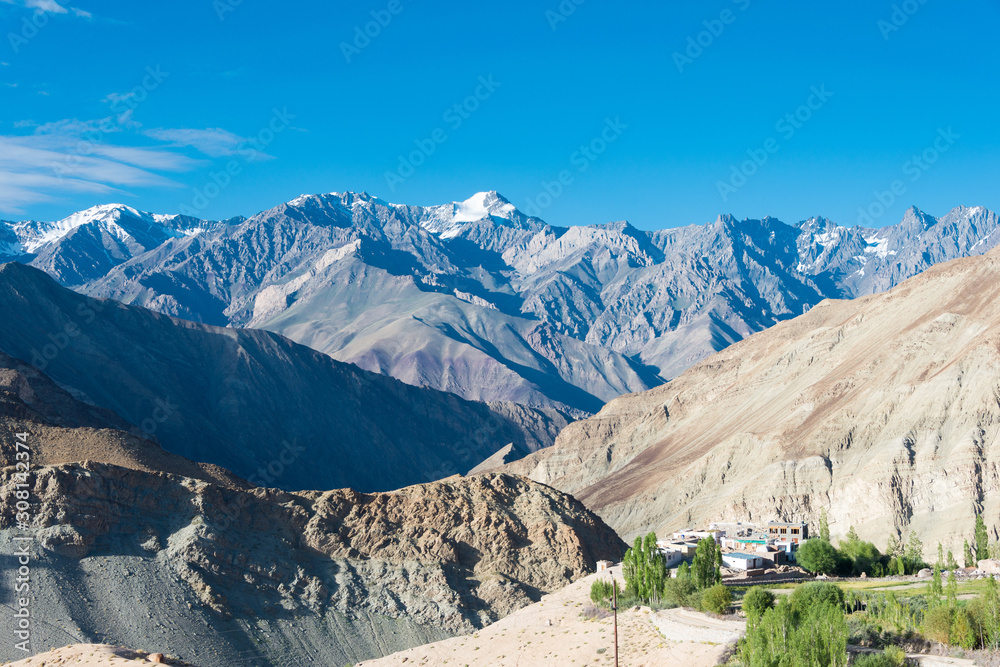 Ladakh, India - Aug 22 2019 - Beautiful scenic view from Between Yangtang and Hemis Shukpachan in Sham Valley, Ladakh, Jammu and Kashmir, India.