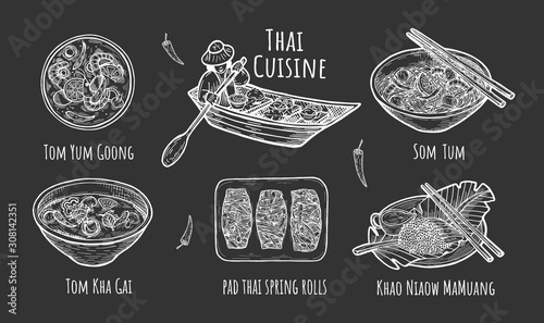 illustration of Thai traditional cuisine on black background.