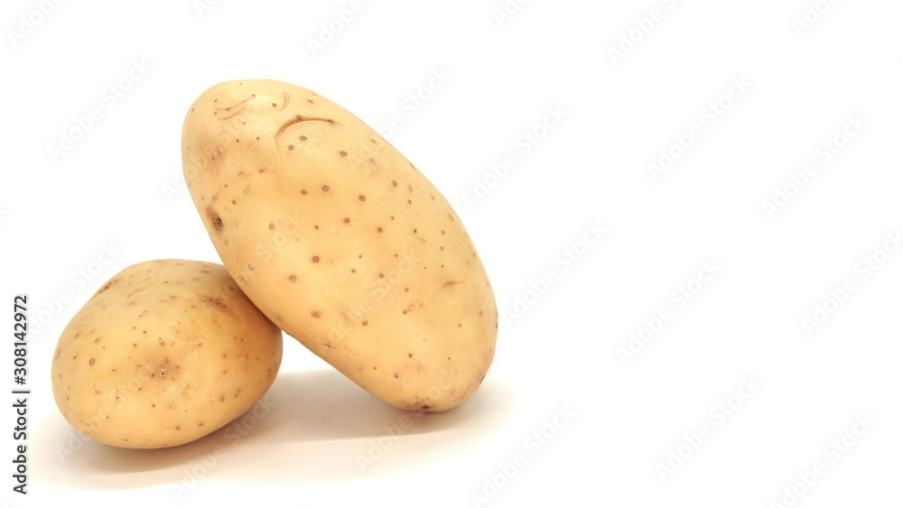 Young white potato, top view. Isolated potatoes on a white background. Fresh food for vegetarians. Raw vegetable, root vegetable. Photo harvesting potatoes for a designer. Young white potato, top view. Isolated potatoes on a white background. Fresh food for vegetarians. Raw vegetable, root vegetable. Photo harvesting potatoes for a designer.