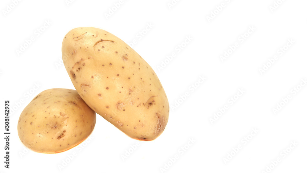 Young white potato, top view. Isolated potatoes on a white background. Fresh food for vegetarians. Raw vegetable, root vegetable. Photo harvesting potatoes for a designer. Young white potato, top view. Isolated potatoes on a white background. Fresh food for vegetarians. Raw vegetable, root vegetable. Photo harvesting potatoes for a designer.