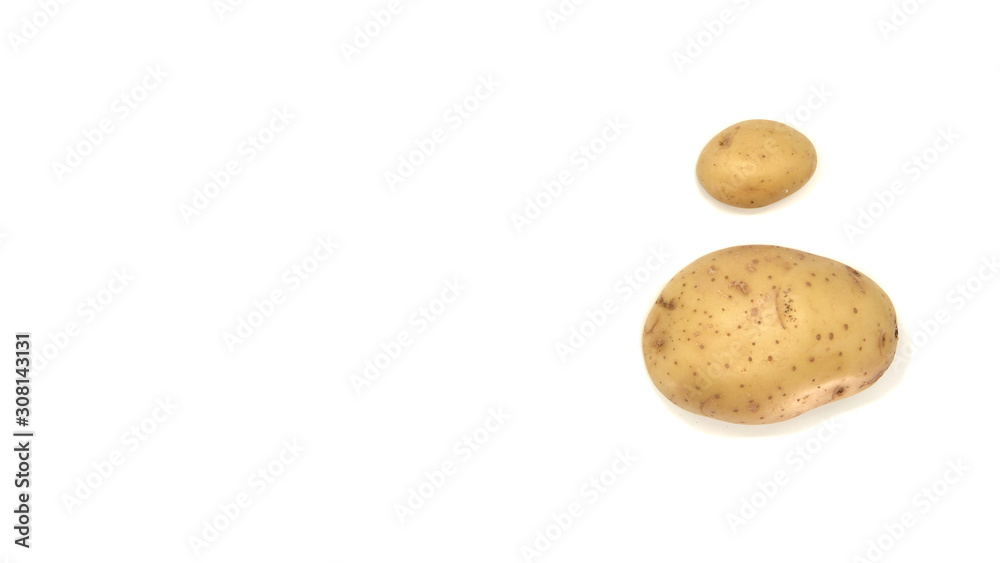 Fototapeta premium Young white potato, top view. Isolated potatoes on a white background. Fresh food for vegetarians. Raw vegetable, root vegetable. Photo harvesting potatoes for a designer.