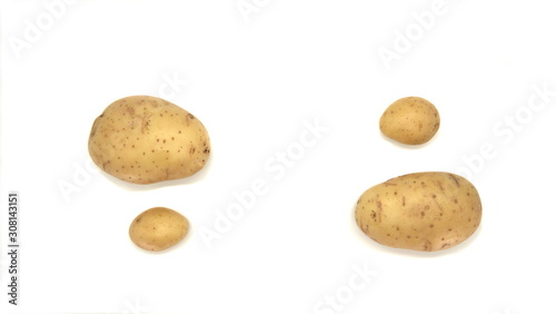 Young white potato  top view. Isolated potatoes on a white background.  Fresh food for vegetarians. Raw vegetable  root vegetable. Photo harvesting potatoes for a designer.