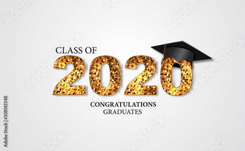graduation party illustration for class of 2020 congratulation graduate with golden text and caps