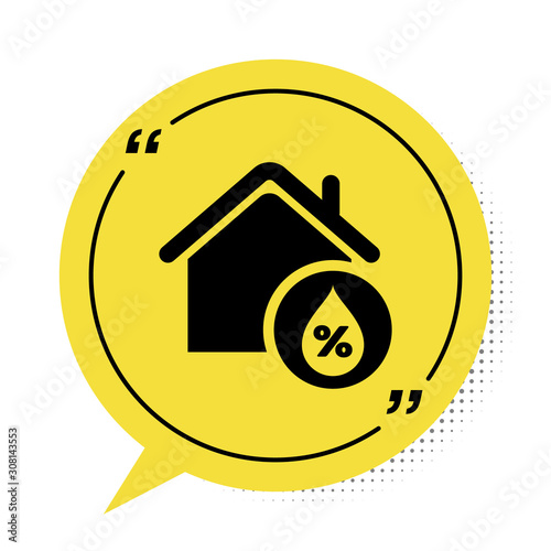 Black House humidity icon isolated on white background. Weather and meteorology, thermometer symbol. Yellow speech bubble symbol. Vector Illustration