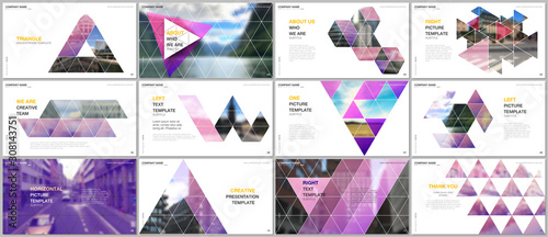 Minimal presentations design, portfolio vector templates with triangular design background, triangle style pattern. Multipurpose template for presentation slide, flyer leaflet, brochure cover, report.