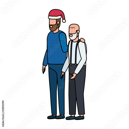 cute grandfather with young son using christmas hat