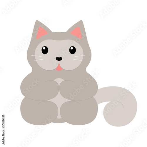 Cute sitting gray cat with heart shaped nose, paws on the tummy, tail on the side. Cartoon character isolated on white background. Vector illustration for stickers, prints, posters, for cat lovers.