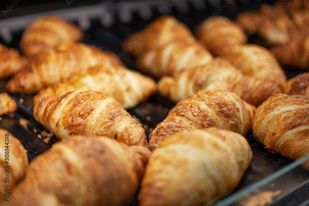 Croissant pastry product baked on a tray Croissant pastry product baked on a tray