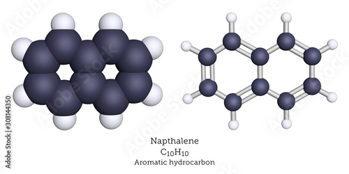 Naphthalene, an aromatic hydrocarbon, shown as a space-filling model and as a ball-and-stick model. Naphthalene is a common moth repellent.