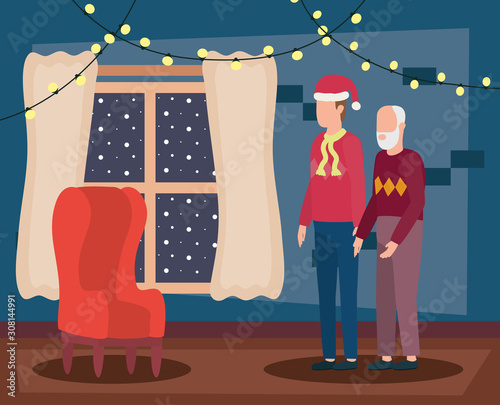 cute grandfather with young son in room christmas decorated