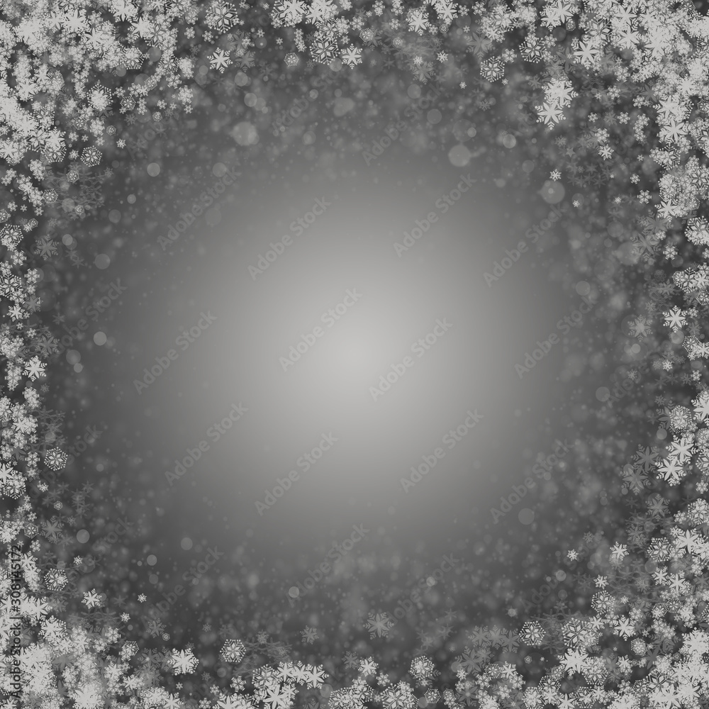 Fototapeta premium It's Christmas time! Holiday greetings card with glittering stars, snowflakes and gray background.