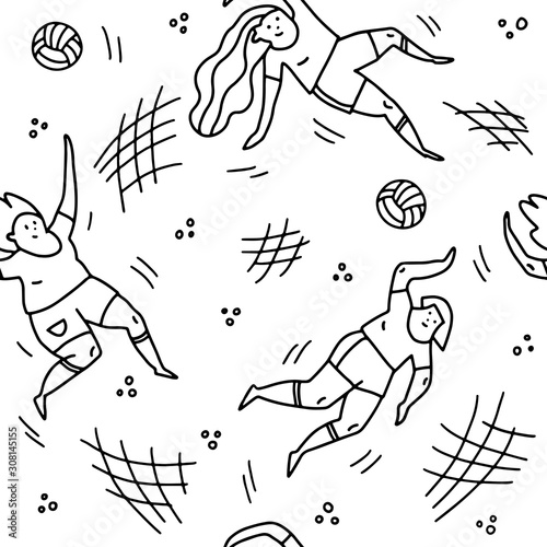 Seamless pattern with volleyball players with ball and net hand drawn illustration. Female athletes doodle drawing. Active lifestyle concept. T shirt print  textile design