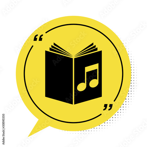 Black Audio book icon isolated on white background. Musical note with book. Audio guide sign. Online learning concept. Yellow speech bubble symbol. Vector Illustration