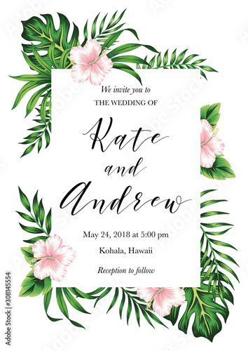 Tropical pink hibiscus floral palm leaves wedding invitation. Rectangle vector card.
