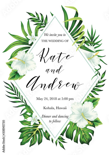 Tropical white hibiscus plumeria floral palm leaves wedding invitation. Rectangle vector card.
