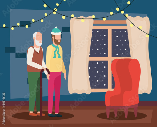 cute grandfather with young son in room christmas decorated