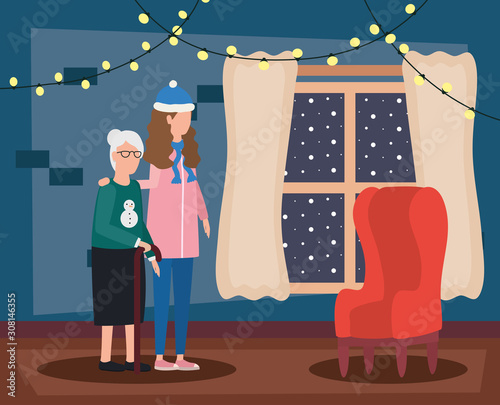 cute grandmother with daughter in room christmas decorated