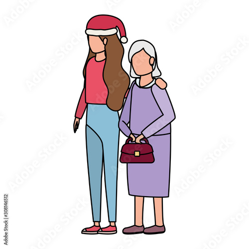 cute grandmother with daughter using christmas hat