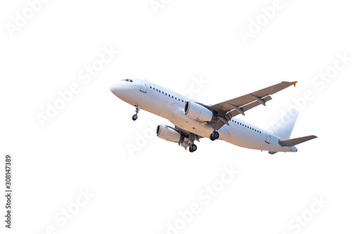 white commercial passenger airplane flying take off isolated on white background