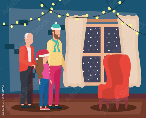 grandfather with son and granddaughter in room christmas decorated