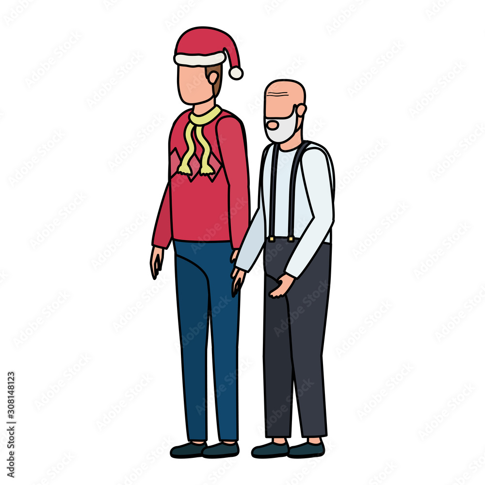 cute grandfather with young son using christmas hat