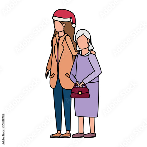 cute grandmother with daughter using christmas hat