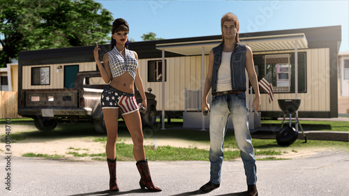 Funny American Trailer Trash Couple with Mobile Home photo