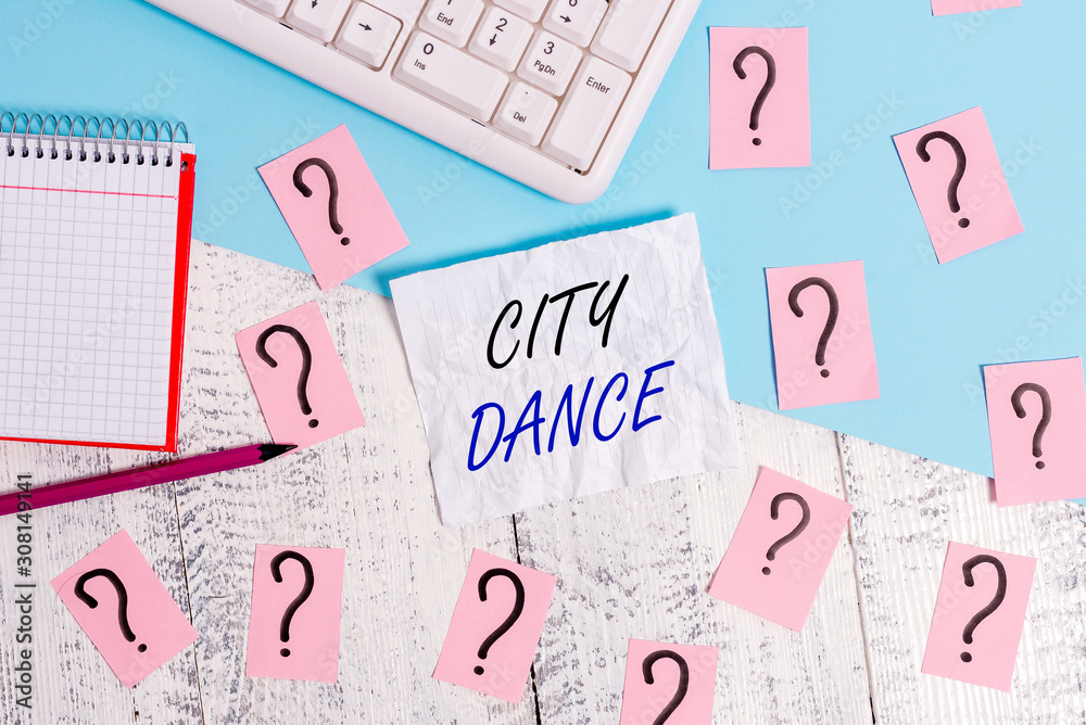 Handwriting text writing City Dance. Conceptual photo activity of dancing for pleasure or in order to entertain others Writing tools, computer stuff and math book sheet on top of wooden table