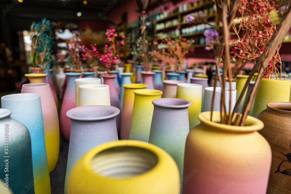 Colorful clay pots hand made in Guilin  China shop