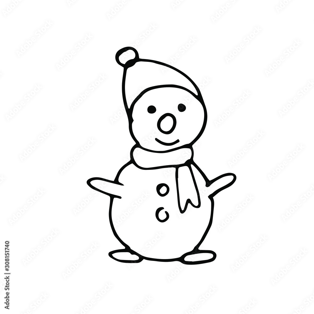 Cute element in doodle style snowman. Hand drawn vector illustration. Trendy design elements for holiday and christmas and new year greeting cards, decor. Isolated on white background Cute element in doodle style snowman. Hand drawn vector illustration. Trendy design elements for holiday and christmas and new year greeting cards, decor. Isolated on white background