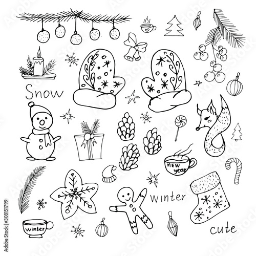 Cute big set in doodle style Christmas berries on a branch  gingerbread cookies  snowman  animals  tree  mittens  Christmas sock  garland. Hand drawn vector illustration. New Year s for decor.