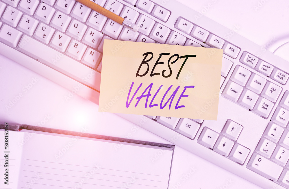 Word writing text Best Value. Business photo showcasing most advantageous combination of cost and quality of a product White pc keyboard with empty note paper and paper clips above white background Word writing text Best Value. Business photo showcasing most advantageous combination of cost and quality of a product White pc keyboard with empty note paper and paper clips above white background
