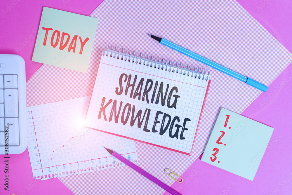 Text sign showing Sharing Knowledge. Business photo showcasing knowledge is exchanged among showing or organizations Writing equipments and computer stuffs placed above colored plain table Text sign showing Sharing Knowledge. Business photo showcasing knowledge is exchanged among showing or organizations Writing equipments and computer stuffs placed above colored plain table