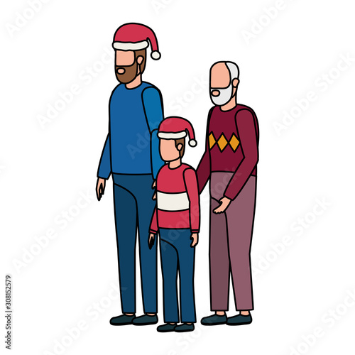 cute grandfather with young son and grandson using christmas hat
