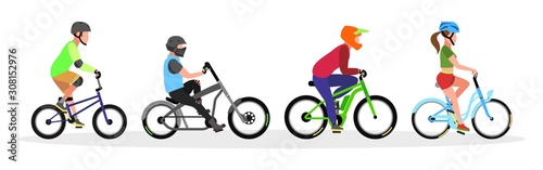 Three guys and girl in helmets riding freestyle trick, city cruiser, mountain, touring bicycles. Urban transport, bikes set. Healthy, sport lifestyle concept. Vector collection isolated on white.